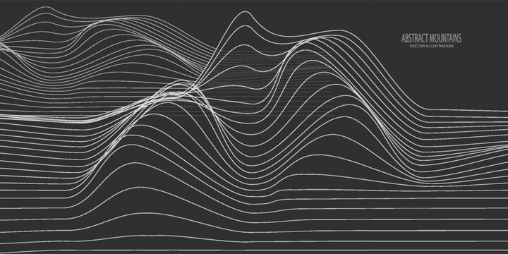 Contour mountain landscape. Waved line art. Abstract minimal topographic map. Contour lines with elevations and terrain depth. Vector illustration.