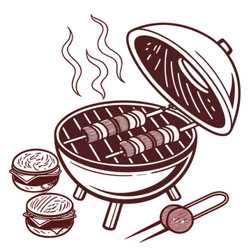 Grill with sausages and buns cooking on it outdoor cooking grill master
