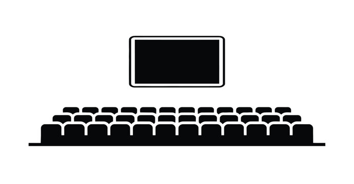 Cinema theater icon vector set, black silhouette audience seating and movie screen symbols for entertainment, film, and auditorium design