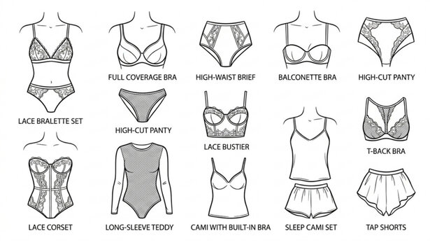 Elegant women&rsquo;s lace lingerie fashion sketch illustration set with artistic bra designs