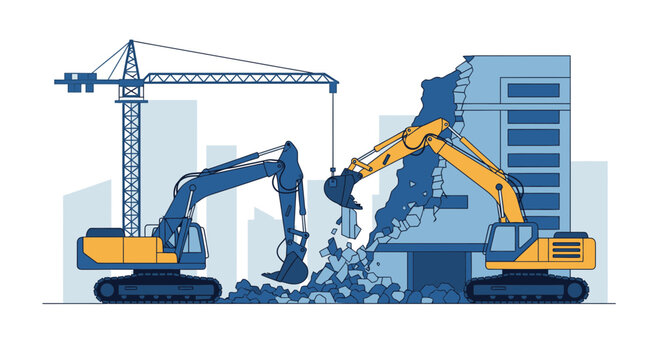 Industrial Demolition: Modern Excavators Dismantling a Building in an Urban Area