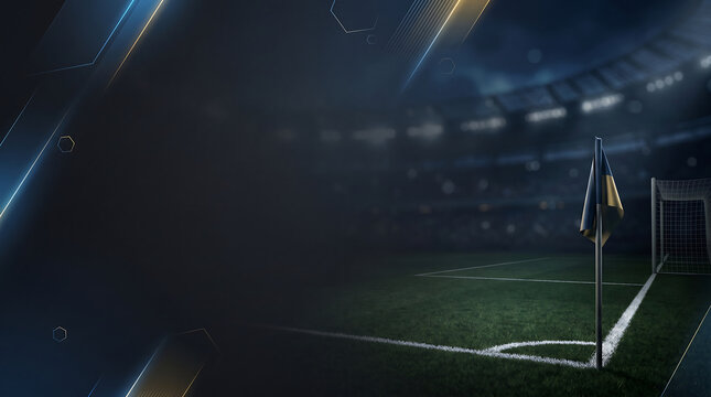 Generative AI illustration of empty soccer arena pitch corner framed by modern neon blue and gold elements
