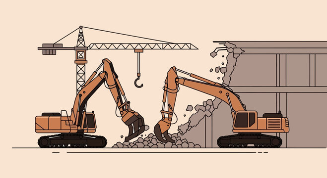 Industrial Demolition: Excavators And Construction Crane Deconstructing A Building