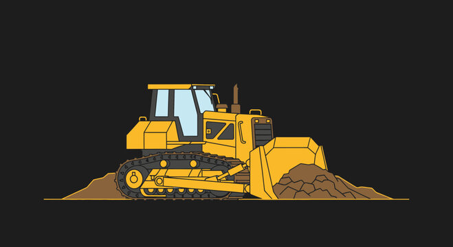 Industrial Illustration: Bulldozer at Work, Clean Design, On Black Background