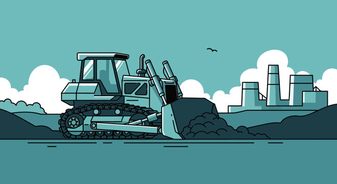 Industrial Landscape Showing Bulldozer Working Near Smokestacks and Atmospheric Pollution