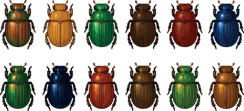 Colorful Beetle Insect Vector Collection with Realistic Scarab Bugs, Entomology Illustrations, and Exotic Wildlife Nature Design Elements