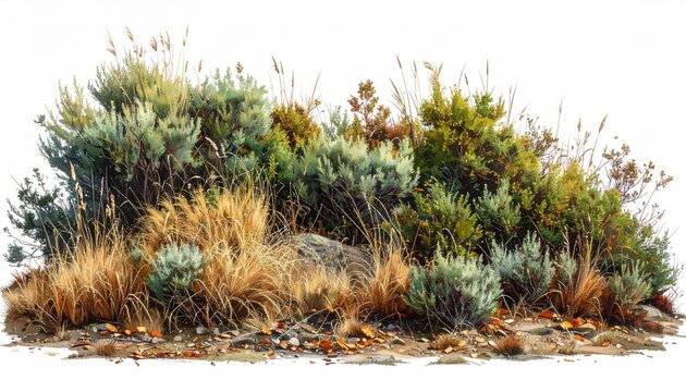 Arid scrub brush, dry grasses, rocks, and fallen leaves create a natural ground cover