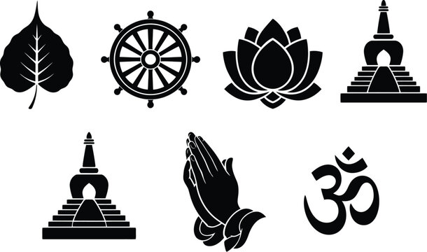 Buddhism and Hinduism religious symbols icon set vector, Buddhist icons including Bodhi leaf, Dharma wheel, lotus flower, stupa pagoda, Anjali Mudra praying hands, and Hindu Om sign silhouette .