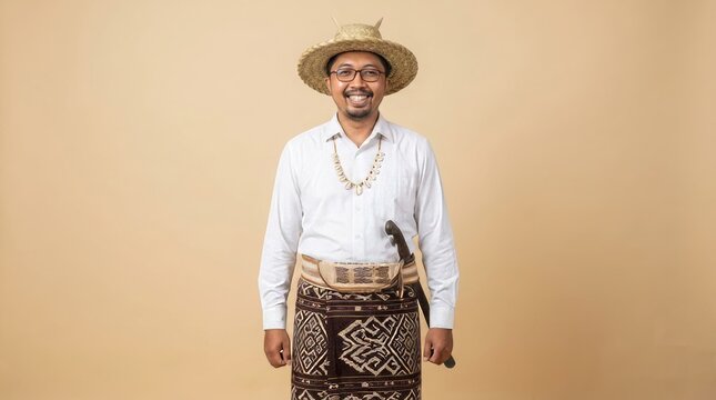 Rote man wearing complete traditional attire. White shirt, tenun ikat sarong, Ti'i Langga lontar hat, habas necklace, hafa waist cloth