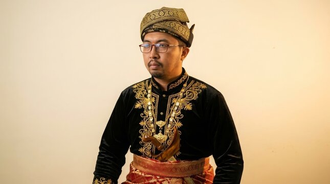 Tolaki man wearing complete Babu Nggawi traditional wedding attire.