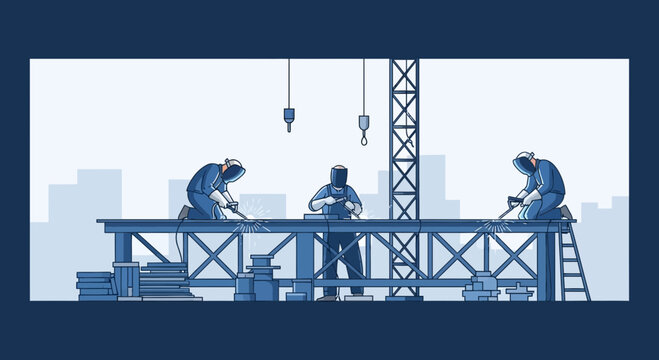 Industrial Welding Illustration Representing Construction Workers Fabricating a Steel Structure