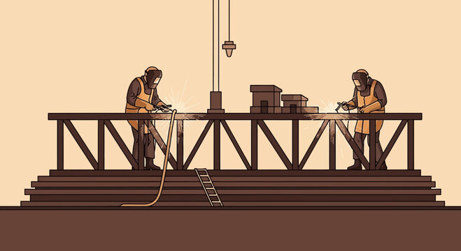 Industrial Welding Illustration: Workers Fabricating a Structure with Sparks and Safety Gear