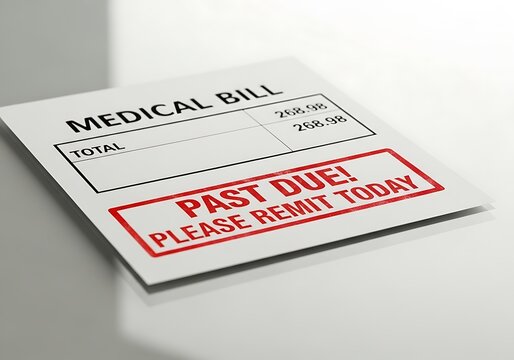 A medical bill document showing a red past due stamp on a white desk with bright clinical lighting
