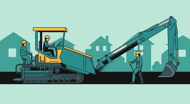 Machine Performing Roadwork In Residential Zone With Construction Crew Depicted In Cartoon Form