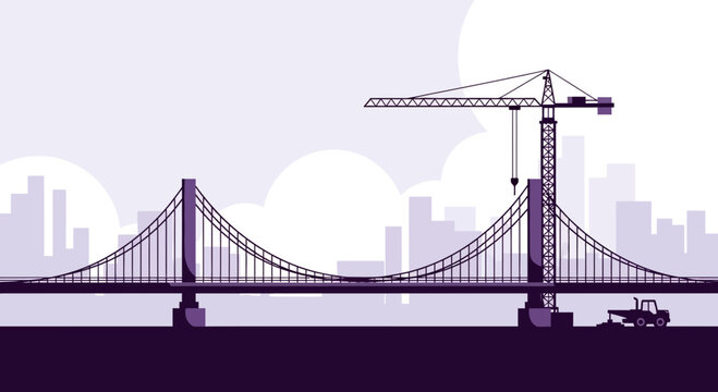 Minimalist Illustration Of A New Suspension Bridge Under Construction With Crane At Work