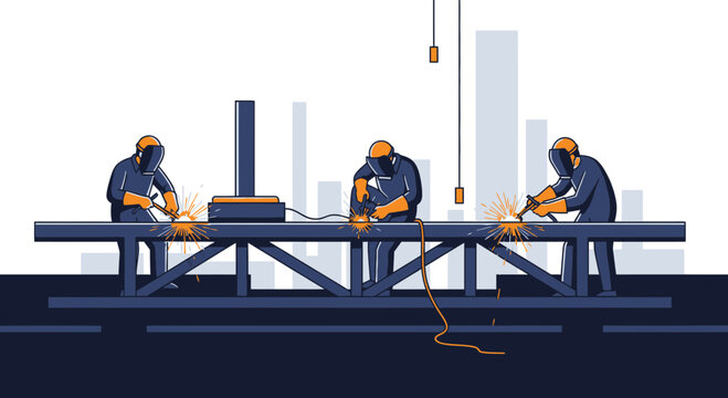 Industrial Welding Illustration Depicting Technicians at Work on a Metal Framework