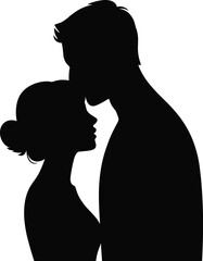 Romantic silhouette vector illustration of young man kissing woman forehead lovingly, sweet couple in love portrait isolated on white background (20 words) © MdMominur