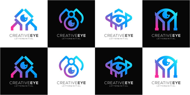 Modern letter M initial with Eye and Lens logo design collections. Abstract vision monogram gradient vector icon symbols.