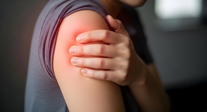 Close up of a person experiencing elbow pain or injury with red highlight