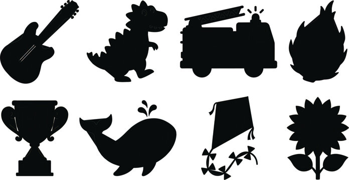 Black silhouette vector icon collection featuring electric guitar, small green dinosaur, fire engine truck, dragon fruit, gold trophy award cup, spouting whale, flying kite, sunflower elements,