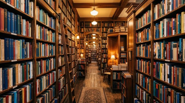 Library shelves densely lined with books along narrow wood corridor illuminated by pendant lamps and carpeted aisle in historic interior
