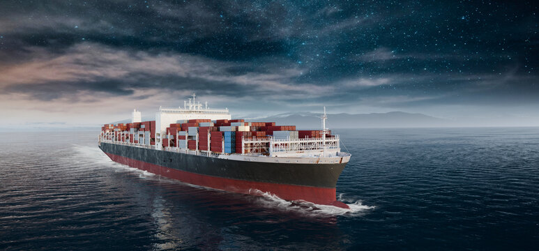 Container cargo ship sailing at night under dramatic starry sky, global shipping and trade