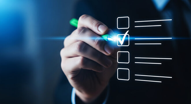 Hand with green pen marking a checkbox on a digital checklist with glowing effect image