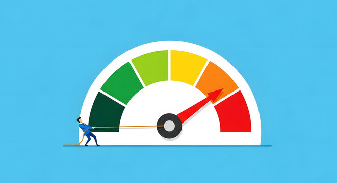 Man in blue suit pulling rope on colorful gauge with needle in red zone image