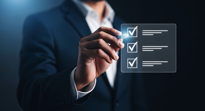 Man in dark suit checks off items on a digital to do list with glowing pen checking