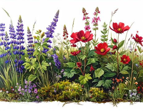 Vibrant meadow scene bursting with lupines, poppies, and diverse wildflowers