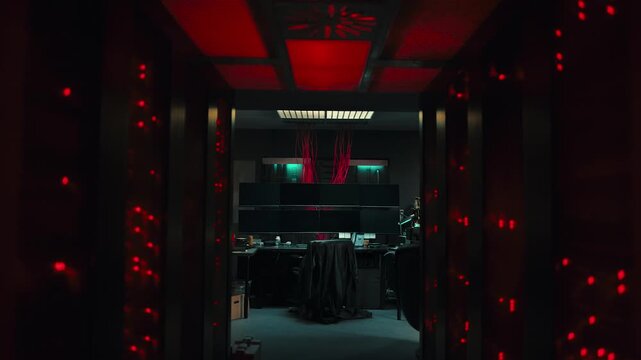 Dark, empty high tech control room or server room interior with red warning lights flashing