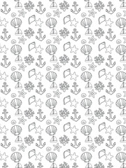 Fototapeta premium Nautical seamless pattern with anchors, seashells, coral, sailboats and starfish in dark outline style. Ideal for wrapping paper, textile prints, wallpapers and coastal branding.