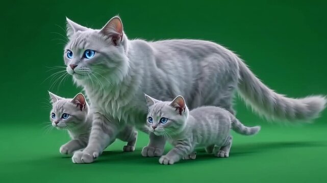 Mother cat walking with her two small kittens in a smooth and graceful motion sequence