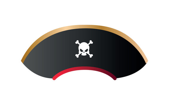 Cartoon vector illustration of a black pirate bicorne hat with a skull, crossbones symbol, and golden trim. Isolated costume headwear on white background.