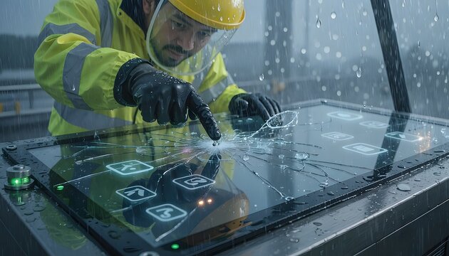 Cracked industrial touchscreen with gloved hand, close-up HMI control panel interface