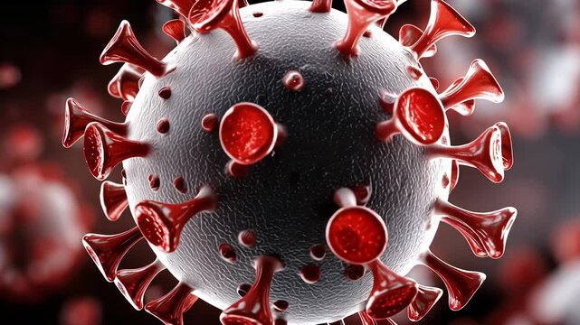 Close up 3D render of hantavirus, dark red spherical virion with textured surface and orange spike proteins against a dark background, microscopic perspective