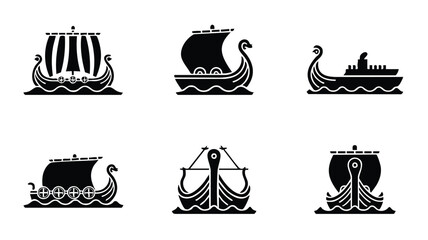 Collection of six different Viking ship silhouettes on water © logodesign11