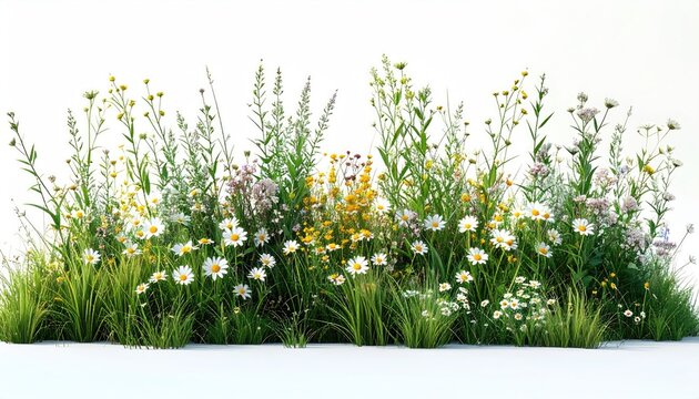 A lush bed of diverse wildflowers and grasses with delicate blooms