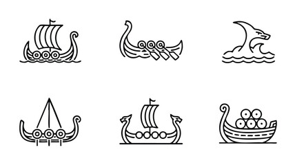 Viking ship icons set with various boat designs and a dolphin © logodesign11