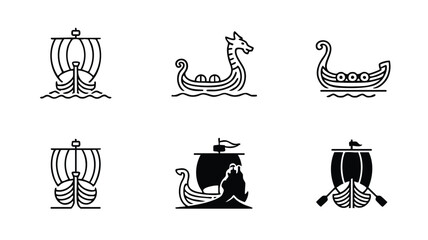 Viking ship icons in black and white, Vector illustration of six different longboats © logodesign11