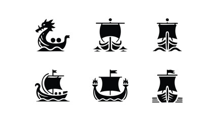 Six black and white silhouette ship icons including dragon boat and sailboats on water © logodesign11