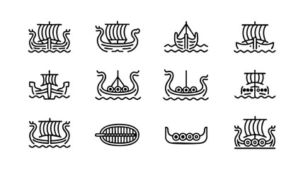Collection of various Viking ship icons and sailing vessels on water © logodesign11