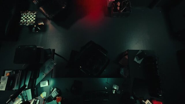 Special agent with a flashlight investigating a suspicious, messy room during a raid