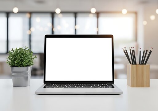 A modern laptop with blank screen sitting on a white desk in a bright office with natural lighting.