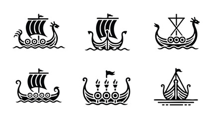 Collection of six black and white illustrations of Viking ships and boats on water © logodesign11