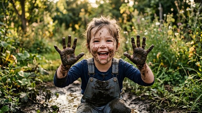Happy little girl laughing and playing in the mud at a garden. She shows her messy hands to the camera. Concept of childhood, sensory play, and outdoor fun in nature during a sunny day
