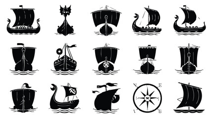 Collection of various black silhouette ship icons on white background © logodesign11