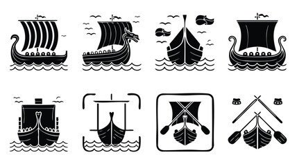 Viking ship icons set with various sailing vessels and oars on water © logodesign11
