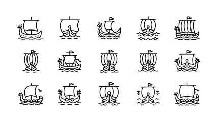 Collection of various Viking ship icons and illustrations in black and white © logodesign11