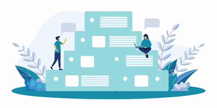 people interacting with layered document stack illustration
